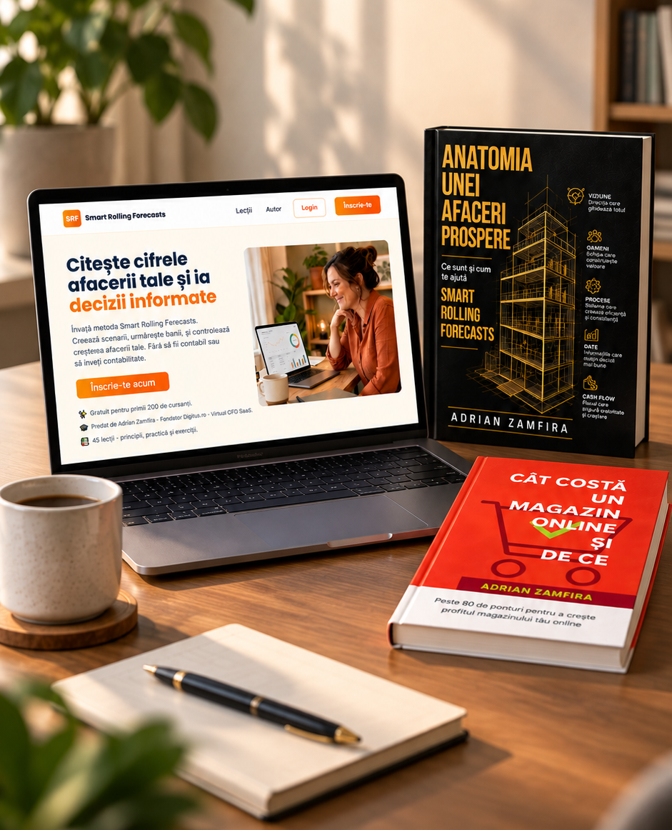 Laptop cu cursul Smart Rolling Forecasts și cărțile Anatomia unei afaceri prospere și Cât costă un magazin online și de ce