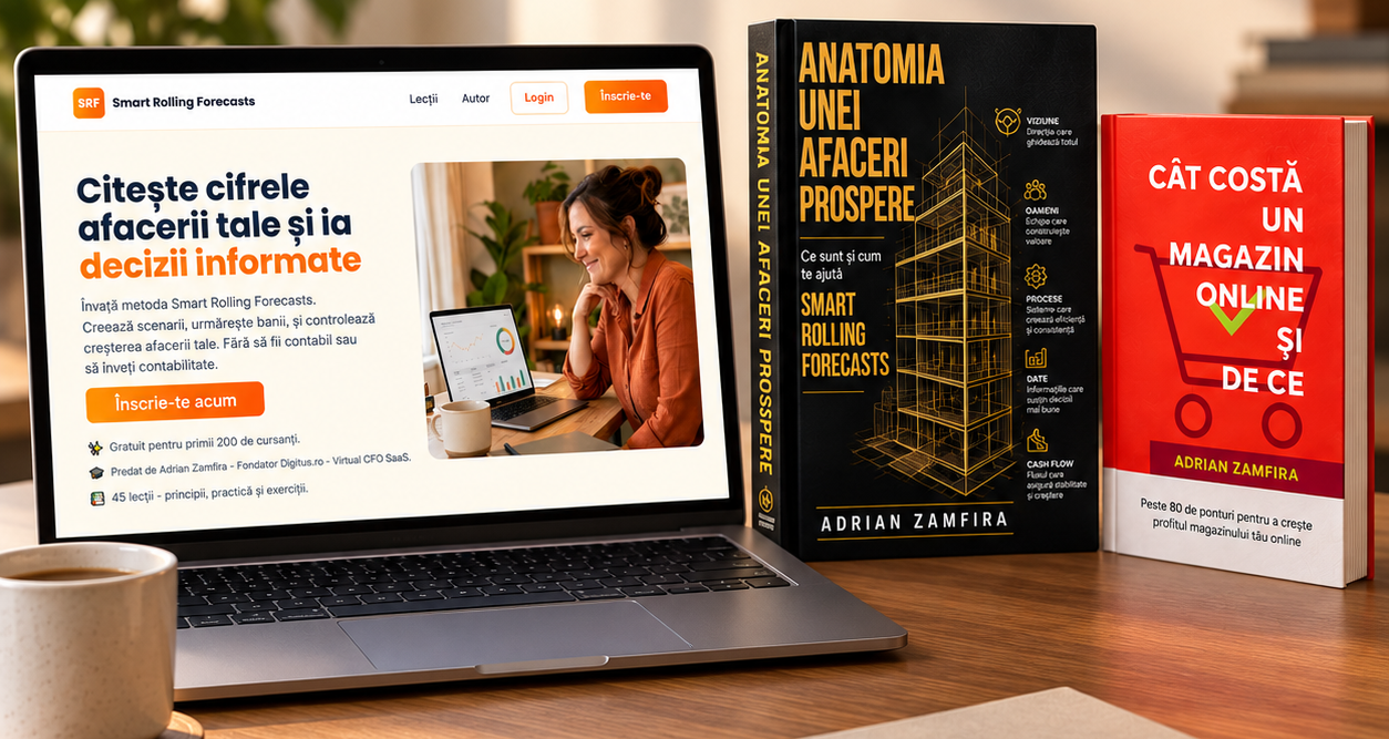 Laptop cu cursul Smart Rolling Forecasts și cărțile Anatomia unei afaceri prospere și Cât costă un magazin online și de ce